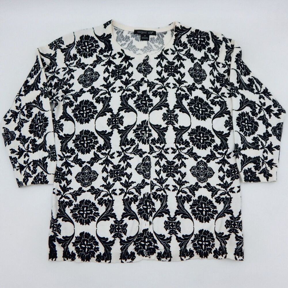 August Silk Cardigan Sweater Black White Floral 3/4 Sleeve Med Cotton Silhouette